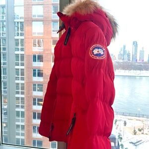 Canada Goose Red Puffer Jacket with Fur Trim